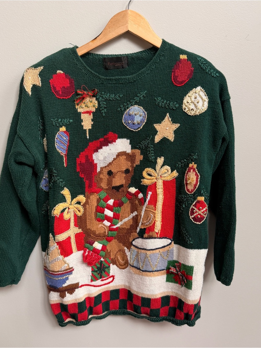 Festive Green Teddy Bear Christmas Sweater - Cozy Holiday Knit